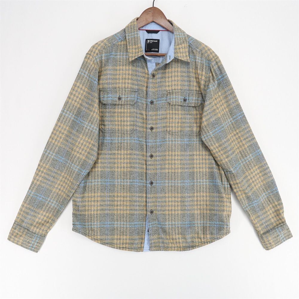 Marmot Jasper‎ Flannel Shirt Mens Large Beige Gray Plaid Midweight Chest Pockets